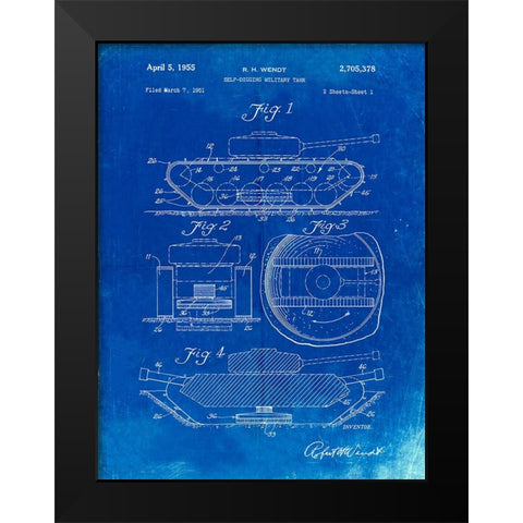 PP262-Faded Blueprint Military Self Digging Tank Patent Poster Black Modern Wood Framed Art Print by Borders, Cole