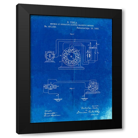 PP264-Faded Blueprint Tesla Operating Electric Motors Map Poster Black Modern Wood Framed Art Print with Double Matting by Borders, Cole