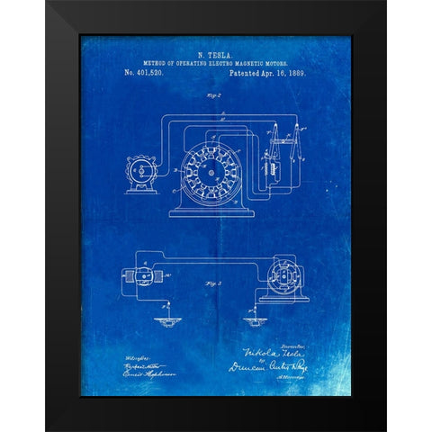 PP264-Faded Blueprint Tesla Operating Electric Motors Map Poster Black Modern Wood Framed Art Print by Borders, Cole