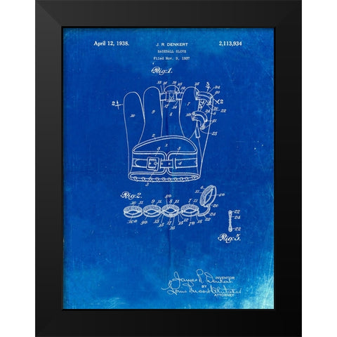 PP272-Faded Blueprint Denkert Baseball Glove Patent Poster Black Modern Wood Framed Art Print by Borders, Cole