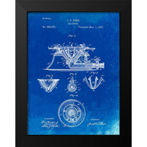 PP274-Faded Blueprint Gas Stove Range 1887 Patent Poster Black Modern Wood Framed Art Print by Borders, Cole