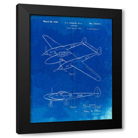 PP277-Faded Blueprint Lockheed P-38 Lightning Patent Poster Black Modern Wood Framed Art Print by Borders, Cole