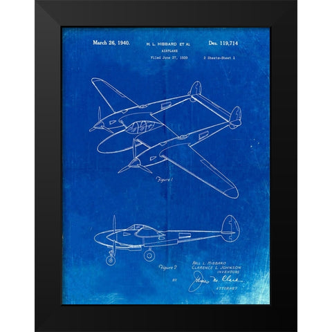 PP277-Faded Blueprint Lockheed P-38 Lightning Patent Poster Black Modern Wood Framed Art Print by Borders, Cole