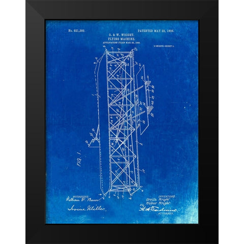 PP288-Faded Blueprint Wright Brothers Flying Machine Patent Poster Black Modern Wood Framed Art Print by Borders, Cole