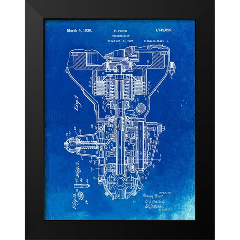 PP289-Faded Blueprint Henry Ford Transmission Patent Poster Black Modern Wood Framed Art Print by Borders, Cole