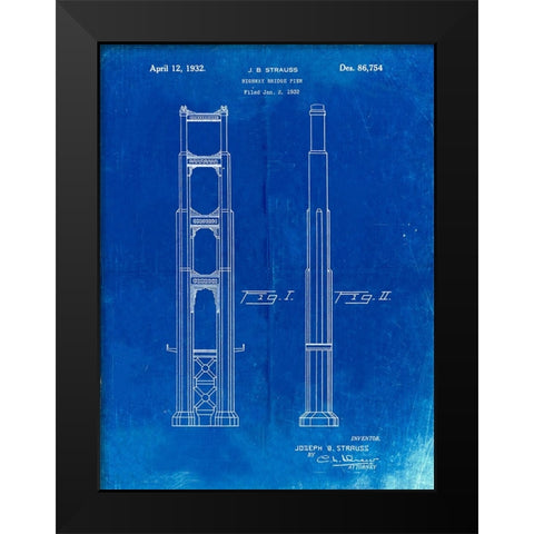 PP321-Faded Blueprint Golden Gate Bridge Main Tower Patent Poster Black Modern Wood Framed Art Print by Borders, Cole