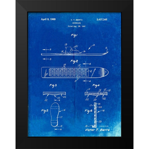 PP358-Faded Blueprint Berta Magnetic Boot Snowboard Patent Poster Black Modern Wood Framed Art Print by Borders, Cole