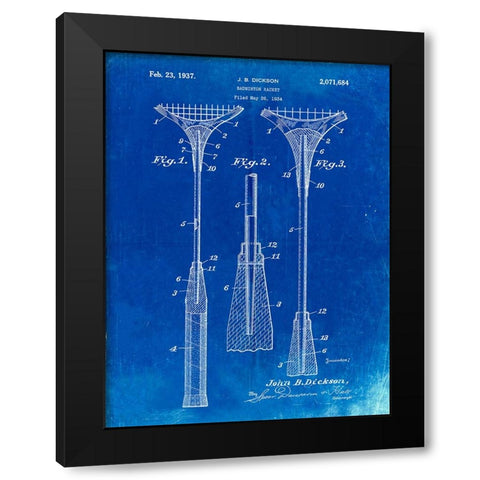 PP382-Faded Blueprint Badminton Racket 1937 Patent Poster Black Modern Wood Framed Art Print by Borders, Cole