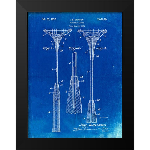 PP382-Faded Blueprint Badminton Racket 1937 Patent Poster Black Modern Wood Framed Art Print by Borders, Cole