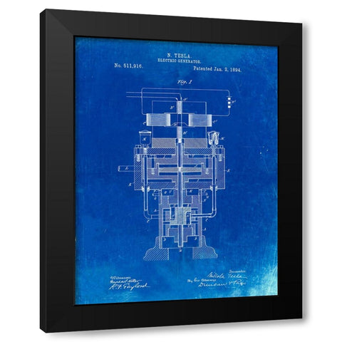PP463-Faded Blueprint Tesla Electric Generator Poster Black Modern Wood Framed Art Print by Borders, Cole