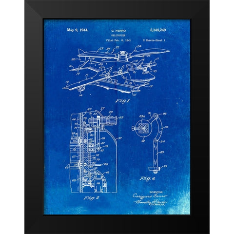 PP500-Faded Blueprint Early Helicopter Patent Poster Black Modern Wood Framed Art Print by Borders, Cole