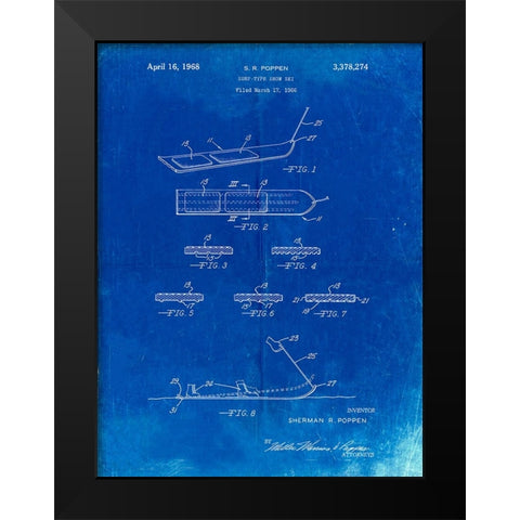 PP508-Faded Blueprint Snurfer Poppen First Modern Snowboard Patent Poster Black Modern Wood Framed Art Print by Borders, Cole