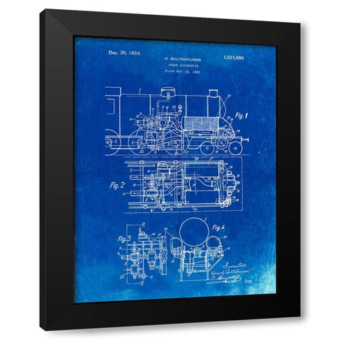 PP516-Faded Blueprint Steam Train Locomotive Patent Poster Black Modern Wood Framed Art Print with Double Matting by Borders, Cole