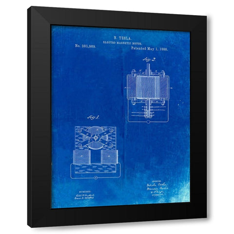 PP532-Faded Blueprint Tesla Electro Magnetic Motor Poster Black Modern Wood Framed Art Print with Double Matting by Borders, Cole
