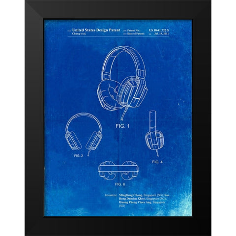 PP550-Faded Blueprint Headphones Patent Poster Black Modern Wood Framed Art Print by Borders, Cole