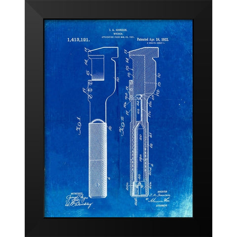 PP594-Faded Blueprint Adjustable Wrench 1922 Patent Poster Black Modern Wood Framed Art Print by Borders, Cole