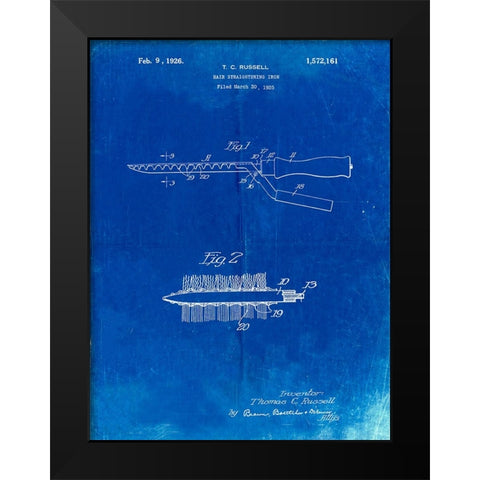 PP595-Faded Blueprint Curling Iron 1925 Patent Poster Black Modern Wood Framed Art Print by Borders, Cole