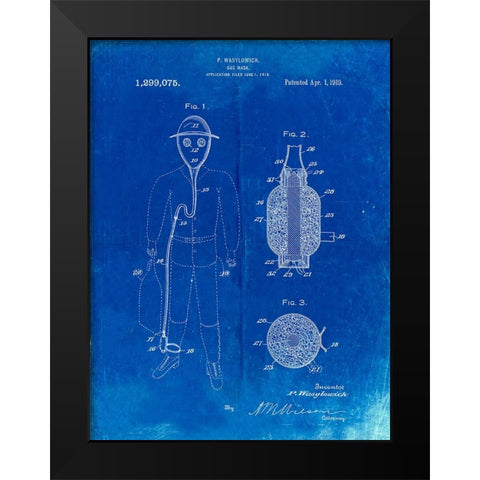PP607-Faded Blueprint Gas Mask 1918 Patent Poster Black Modern Wood Framed Art Print by Borders, Cole