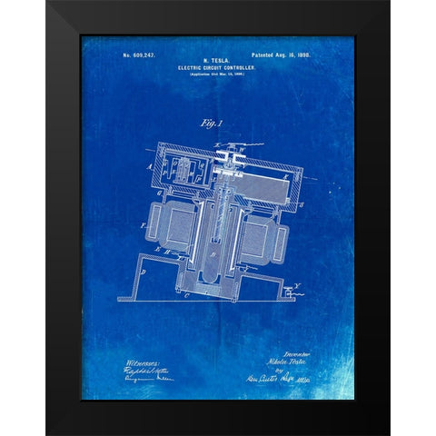 PP608-Faded Blueprint Tesla Electric Circuit Controller Poster Black Modern Wood Framed Art Print by Borders, Cole