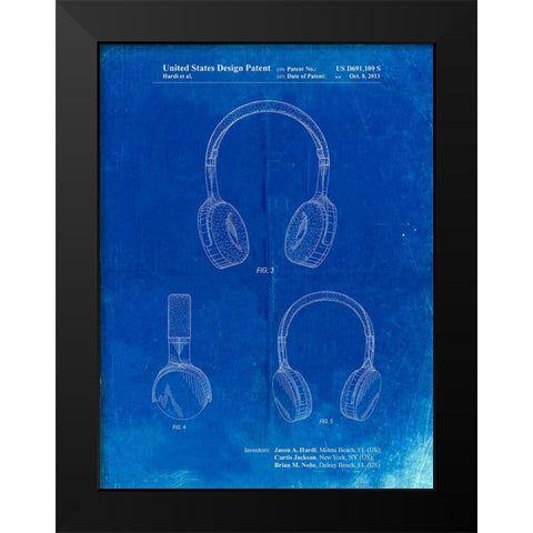 PP612-Faded Blueprint Headphones Patent Poster Black Modern Wood Framed Art Print by Borders, Cole