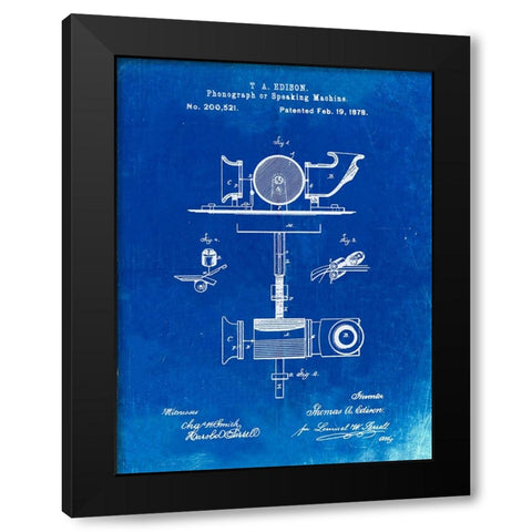 PP622-Faded Blueprint T. A. Edison Phonograph Patent Poster Black Modern Wood Framed Art Print by Borders, Cole