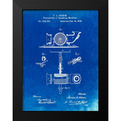 PP622-Faded Blueprint T. A. Edison Phonograph Patent Poster Black Modern Wood Framed Art Print by Borders, Cole