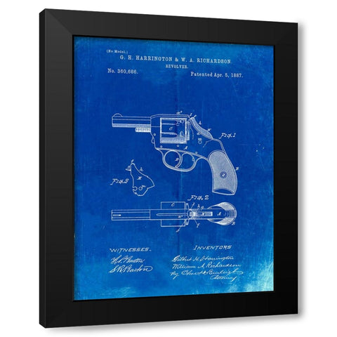 PP633-Faded Blueprint H And R Revolver Pistol Patent Poster Black Modern Wood Framed Art Print by Borders, Cole