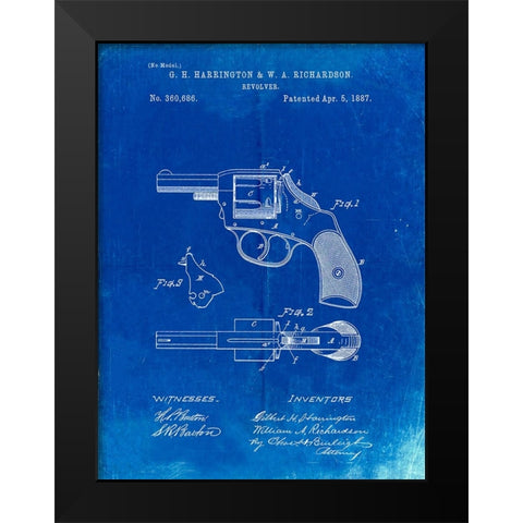 PP633-Faded Blueprint H And R Revolver Pistol Patent Poster Black Modern Wood Framed Art Print by Borders, Cole
