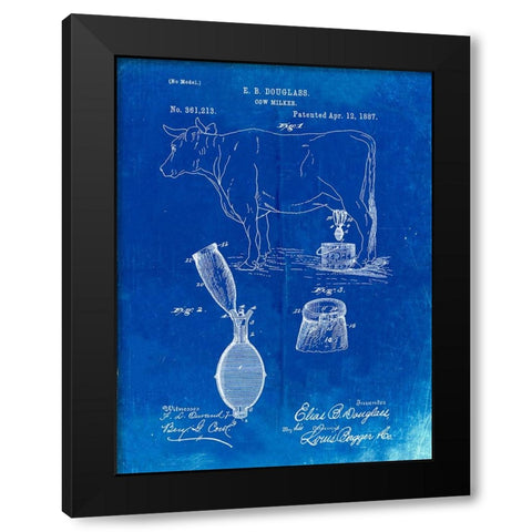 PP639-Faded Blueprint Cow Milker 1887 Patent Poster Black Modern Wood Framed Art Print by Borders, Cole