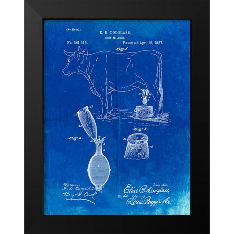 PP639-Faded Blueprint Cow Milker 1887 Patent Poster Black Modern Wood Framed Art Print by Borders, Cole