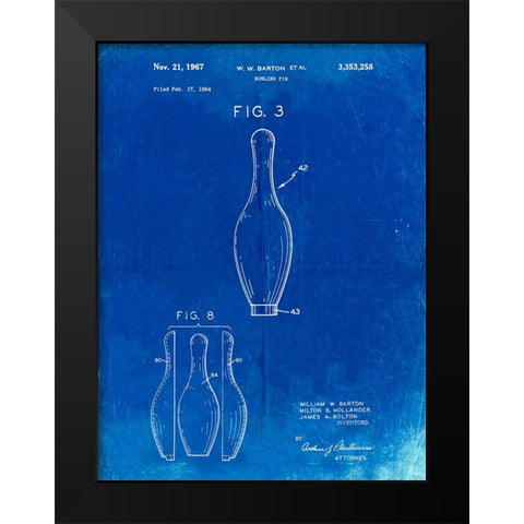 PP641-Faded Blueprint Bowling Pin 1967 Patent Poster Black Modern Wood Framed Art Print by Borders, Cole