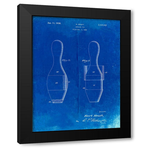 PP653-Faded Blueprint Bowling Pin 1938 Patent Poster Black Modern Wood Framed Art Print by Borders, Cole