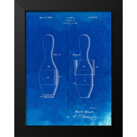 PP653-Faded Blueprint Bowling Pin 1938 Patent Poster Black Modern Wood Framed Art Print by Borders, Cole