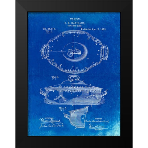 PP657-Faded Blueprint Haviland Covered Serving Dish Canvas Art Black Modern Wood Framed Art Print by Borders, Cole