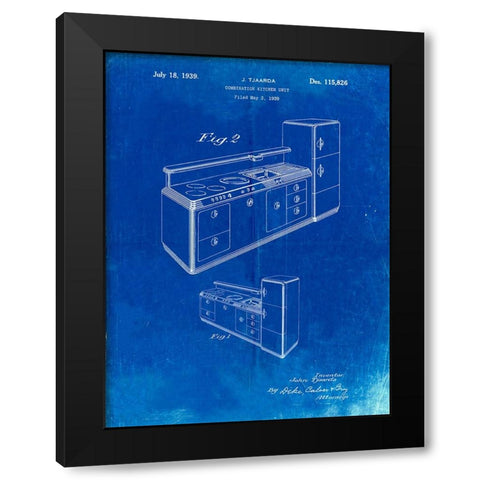 PP659-Faded Blueprint Kitchen Cabinets Poster Black Modern Wood Framed Art Print with Double Matting by Borders, Cole