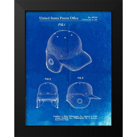 PP716-Faded Blueprint Baseball Helmet Patent Poster Black Modern Wood Framed Art Print by Borders, Cole