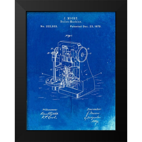 PP757-Faded Blueprint Bullet Machine Patent Poster Black Modern Wood Framed Art Print by Borders, Cole