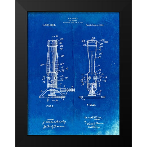 PP758-Faded Blueprint Bunsen Burner 1921 Patent Poster Black Modern Wood Framed Art Print by Borders, Cole