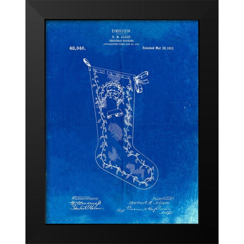 PP764-Faded Blueprint Christmas Stocking 1912 Patent Poster Black Modern Wood Framed Art Print by Borders, Cole