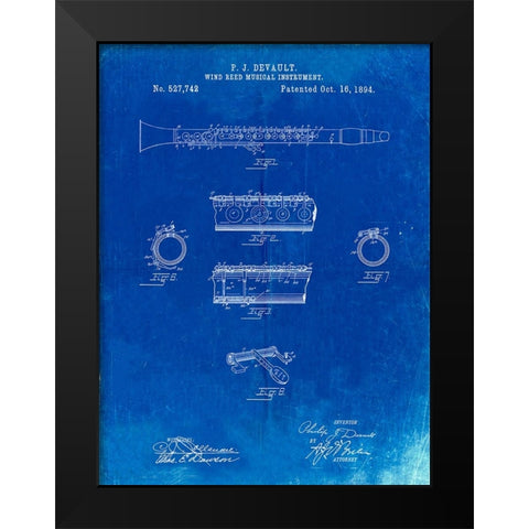 PP768-Faded Blueprint Clarinet 1894 Patent Poster Black Modern Wood Framed Art Print by Borders, Cole