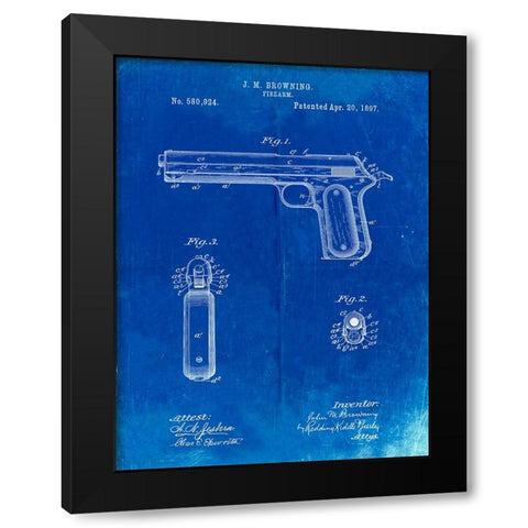 PP770-Faded Blueprint Colt Automatic Pistol of 1900 Patent Poster Black Modern Wood Framed Art Print by Borders, Cole