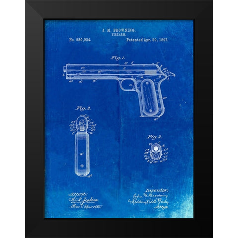 PP770-Faded Blueprint Colt Automatic Pistol of 1900 Patent Poster Black Modern Wood Framed Art Print by Borders, Cole