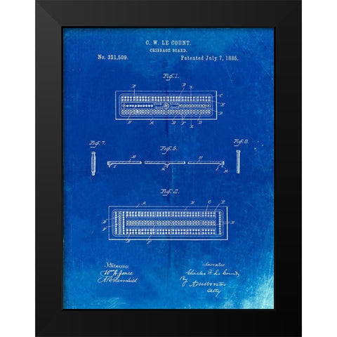 PP776-Faded Blueprint Cribbage Board 1885 Patent Poster Black Modern Wood Framed Art Print by Borders, Cole