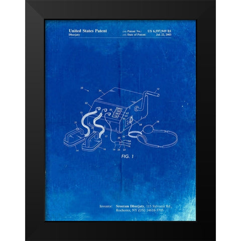 PP778-Faded Blueprint Defibrillator Patent Poster Black Modern Wood Framed Art Print by Borders, Cole
