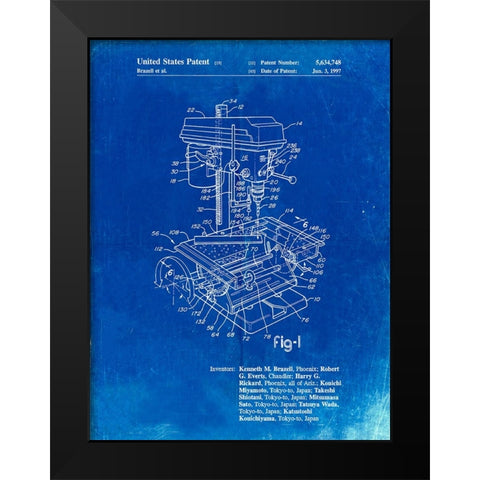 PP788-Faded Blueprint Drill Press Patent Poster Black Modern Wood Framed Art Print by Borders, Cole