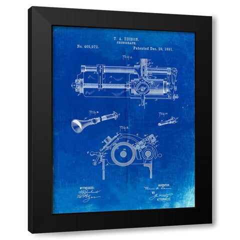 PP798-Faded Blueprint Edison Phonograph Patent Poster Black Modern Wood Framed Art Print with Double Matting by Borders, Cole