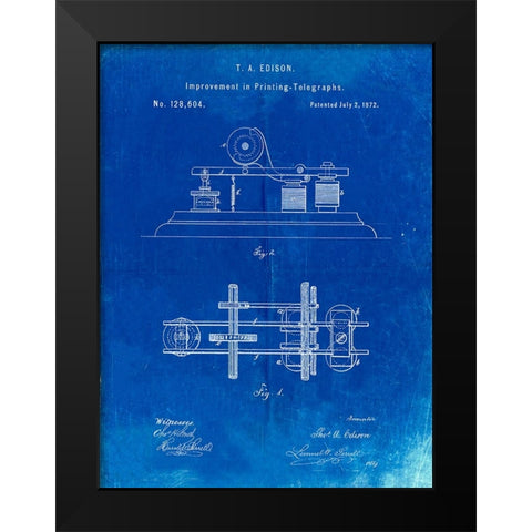 PP799-Faded Blueprint Edison Printing Telegraph Patent Art Black Modern Wood Framed Art Print by Borders, Cole