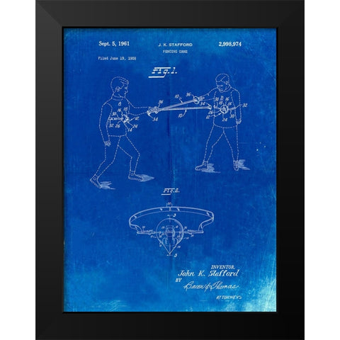 PP804-Faded Blueprint Fencing Game Patent Poster Black Modern Wood Framed Art Print by Borders, Cole