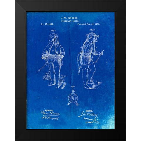 PP810-Faded Blueprint Firefighter Suit 1876 Patent Print Black Modern Wood Framed Art Print by Borders, Cole