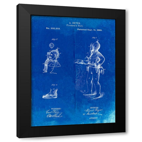 PP811-Faded Blueprint Firefighter Suit 1880 Patent Poster Black Modern Wood Framed Art Print by Borders, Cole